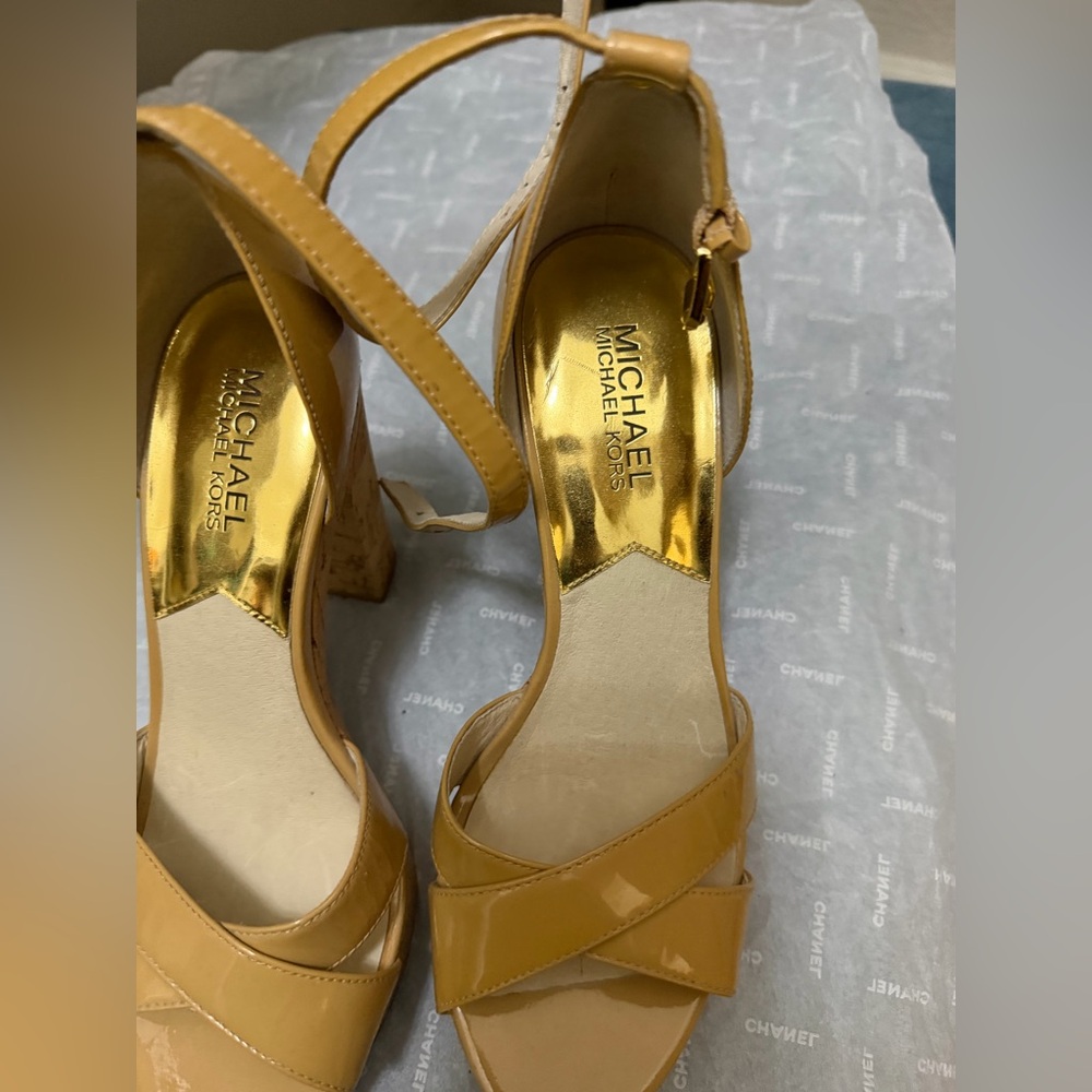 Micheal Kors Patent Leather Strappy Block Heel Sandals